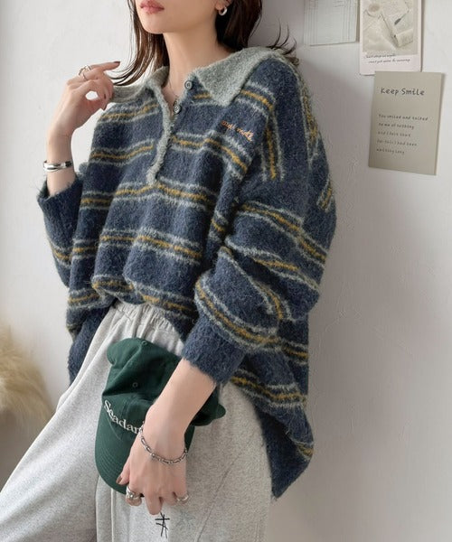 メンズライクに女子っぽさを。胸刺繍ブークレ配色ボーダーニットポロ（長袖） ce1240142