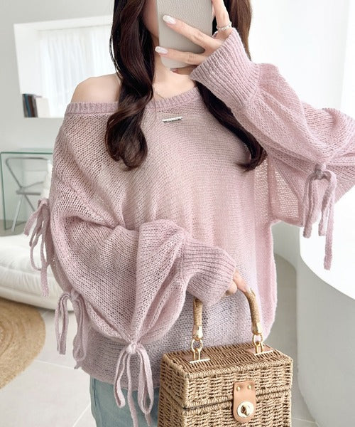 【mily bilet】大人のきらめき。プレートデザイン透かし編み袖リボンラメニット(ワンオフショル2way) mi1259009