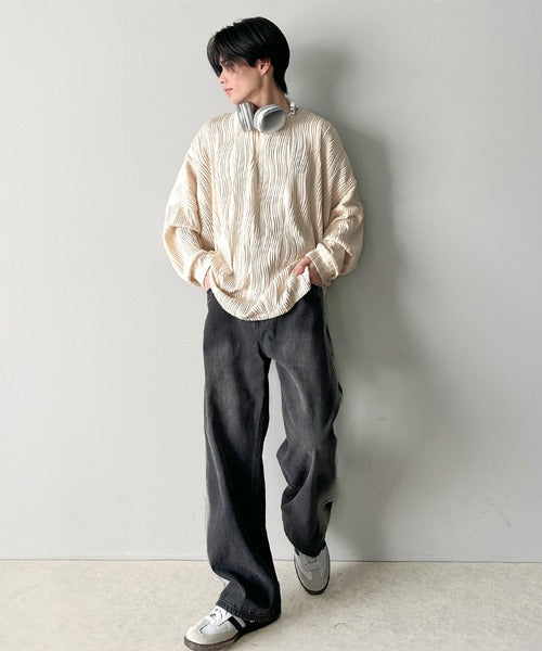 ゆるさとスタイリッシュを両立。オーバーサイズウェーブ柄ジャガード長袖Ｔシャツ cm1010428