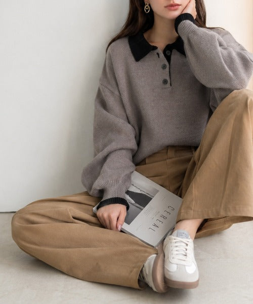 《JaVaジャバコラボ》たっぷりポロが可愛い。配色襟付きヘンリーオーバーサイズニット (長袖) jv1350020