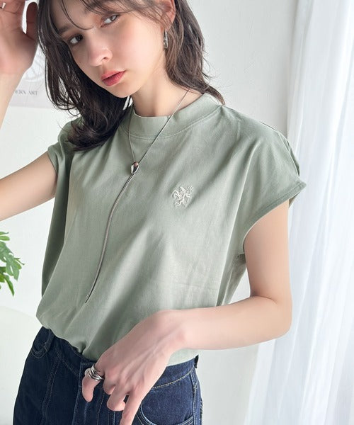 大人女子の上品ベーシック。綿100％シルケットモックネックフレンチTシャツ(刺繍) ce1260395