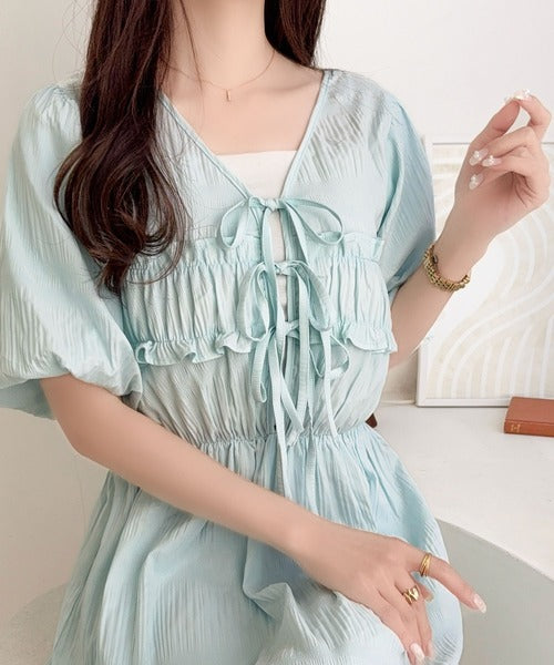 【mily bilet】1枚で華やぐ♪揺れ感シアーフリルリボンプリーツロングワンピース mi1019134