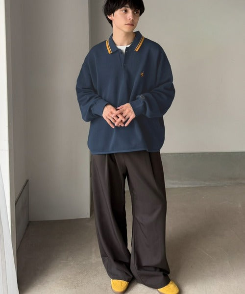 《JaVaジャバコラボ》ベーシック以上、主張しすぎない存在感。胸刺繍入り襟ライン配色ニットポロシャツ（長袖） jo1250008