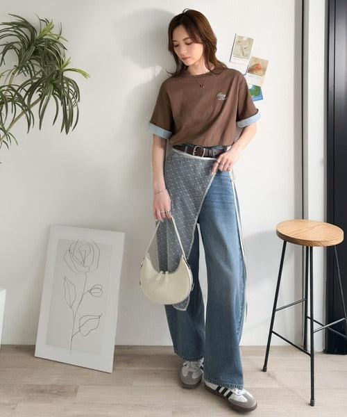 《JaVaジャバコラボ》大人の色魅せ、軽やかに映える。綿100％ 胸刺繍入り 袖配色切り替え Tシャツ（半袖） jv1330106