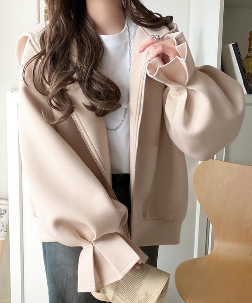 ふんわり、ゆったり、袖にキュン♪ダブルジップキャンディスリーブマシュマロダンボールパーカー ce1410001