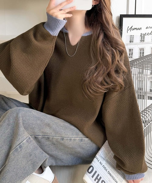 《JaVaジャバコラボ》ざっくり×配色が旬顔。配色スキッパーオーバーサイズ鹿の子編みニット（長袖） jv1410040