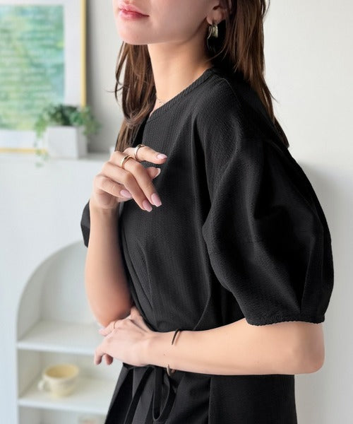 【UVカット・防シワ・吸水速乾機能付き】涼しさも美しさも、さらっと叶える。サッカーランタンスリーブステッチタックワンピース（無地・チェック柄） ce1265039