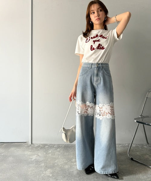 【mily bilet】特別な個性を持つオンリーワンの仕上がり！花柄レースワイドデニムパンツ mi1139076