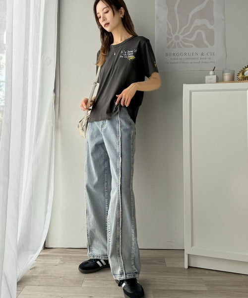 【sustaina+】アートのように刺繍が映える。オーガニックコットン100%らくがき風刺繍 無地＆ボーダー柄半袖Tシャツ ce1260396