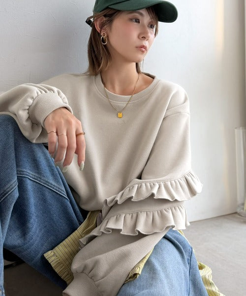 《JaVaジャバコラボ》6色展開♪スウェット界の甘さ革命!!!着心地あったか！袖2段フリル裏起毛オーバーサイズスウェット jv1010683