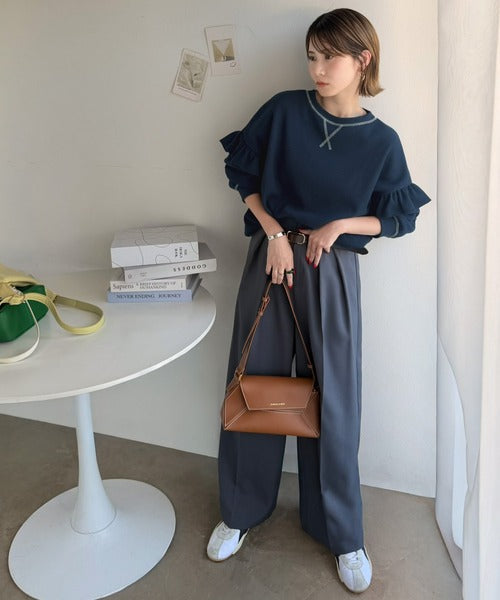 《JaVaジャバコラボ》カジュアル派さんにも推したい。袖フリルオーバーサイズ配色ステッチワッフルプルオーバー（長袖） jv1330117