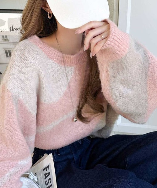 【mily bilet】きゅんモテニット♪柔らかな配色を、ふんわり軽やかに。ニュアンス柄短丈ニットプルオーバー mi1029208