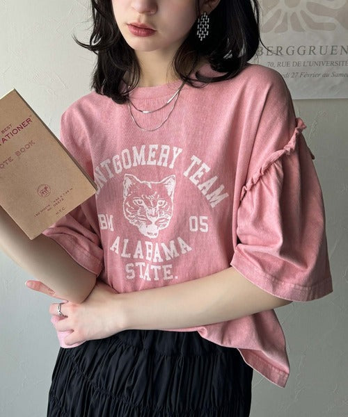 レディなヴィンテージスタイル。綿100％カレッジピグメント袖フリルTシャツ ce1020221