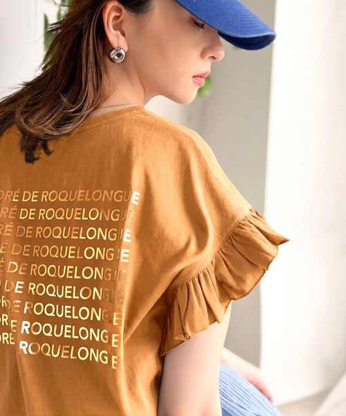 《JaVaジャバコラボ》着るだけで主役級。綿100％バック箔プリント袖フリルTシャツ（半袖） jv1330104