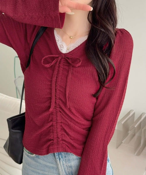 【mily bilet】レース×シャーリングで、甘さをひとさじ。レースドッキングパフスリーブジャガードトップス（長袖） mi1359080