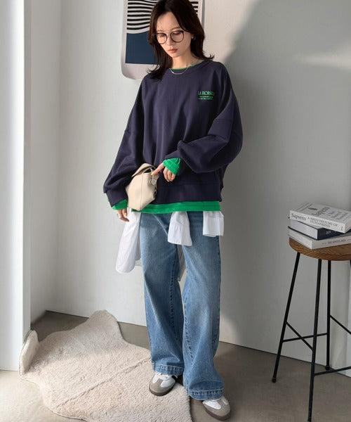 《JaVaジャバコラボ》着るだけでレイヤード上級者！配色刺繍レイヤード風オーバーサイズ裏起毛プルオーバー jv1050390