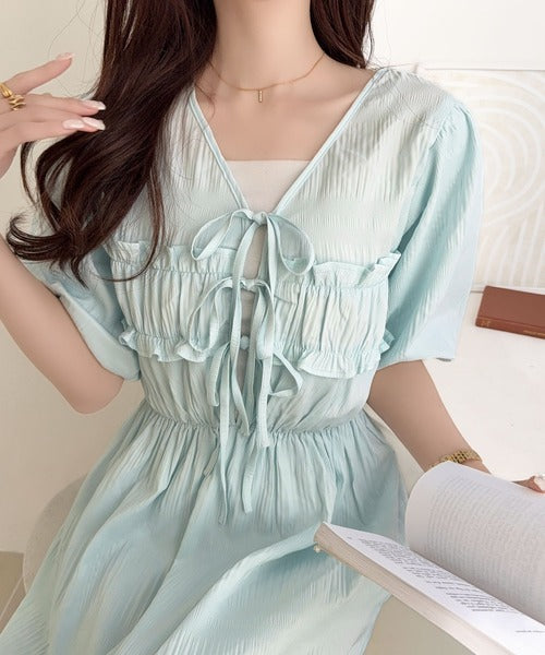 【mily bilet】1枚で華やぐ♪揺れ感シアーフリルリボンプリーツロングワンピース mi1019134