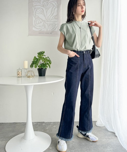 大人女子の上品ベーシック。綿100％シルケットモックネックフレンチTシャツ(刺繍) ce1260395
