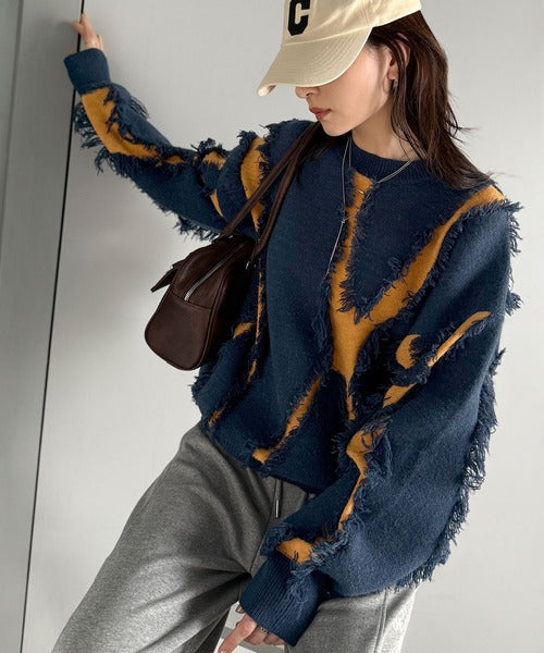 ゆるっとこなれ感◎男女兼用可♪フリンジ配色オーバーニット（長袖） ce1260444