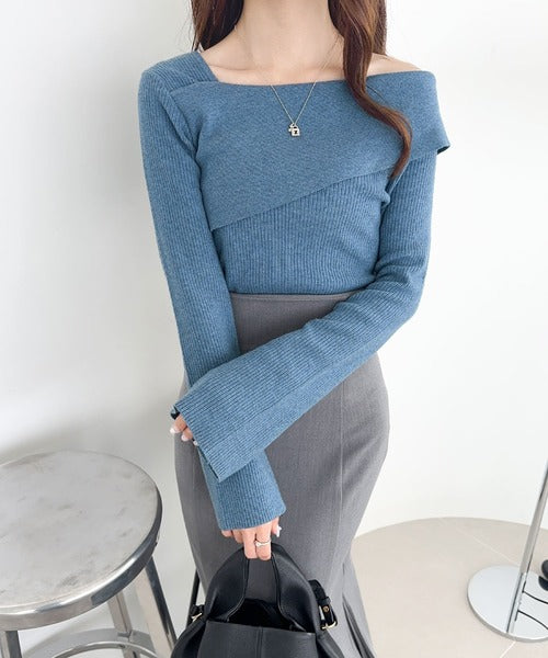 【mily bilet】トレンド美スタイル。２WAYアシンメトリーオフショルダーリブニット mi1029053