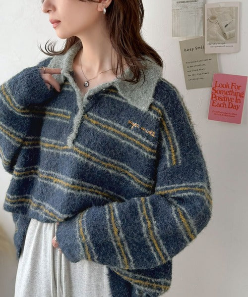 メンズライクに女子っぽさを。胸刺繍ブークレ配色ボーダーニットポロ（長袖） ce1240142