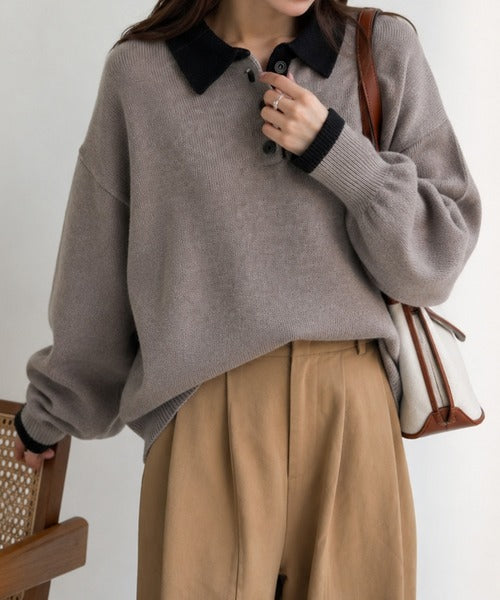 《JaVaジャバコラボ》たっぷりポロが可愛い。配色襟付きヘンリーオーバーサイズニット (長袖) jv1350020
