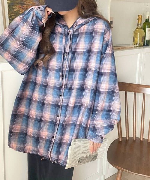 ゆるっと羽織ってかわいくキマる。”旬顔”  裾ドロスト微起毛チェック柄オーバーサイズシャツパーカー ce1010568