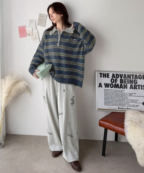 メンズライクに女子っぽさを。胸刺繍ブークレ配色ボーダーニットポロ（長袖） ce1240142