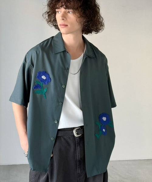【接触冷感機能付き】サガラ刺繍フラワーステッチシャツ／Cool-Touch Fabric Sagara Embroidered Flower Stitch Shirt (半袖) co1320019