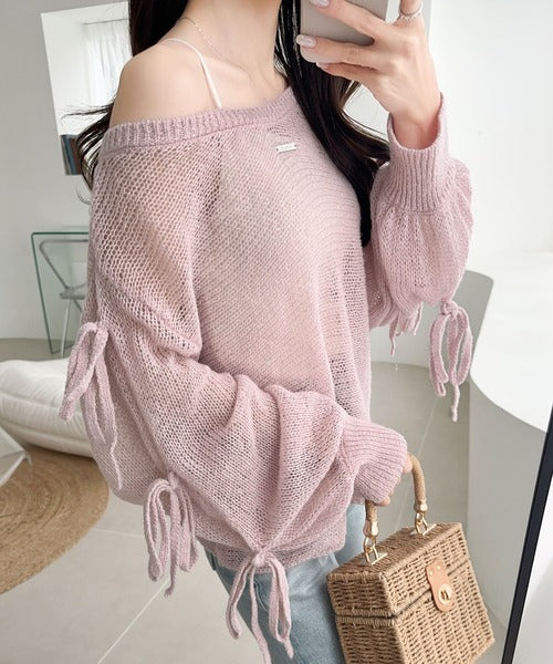 【mily bilet】大人のきらめき。プレートデザイン透かし編み袖リボンラメニット(ワンオフショル2way) mi1259009