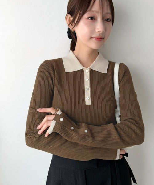 【mily bilet】トレンドの襟付きデザインで洗練されたスタイルに♪金縁ボタン使いリブポロニット（長袖） mi1029162