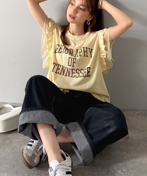 【mily bilet】可愛さふわり2倍増し！ ダブルフリル袖カレッジライクロゴゆるTシャツ mi1329036