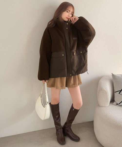 《JaVaジャバコラボ》暖かく包み込む、私のもこもこちゃん♪異素材MIXボア×ナイロン切替スタンドカラージャケット jv1240139