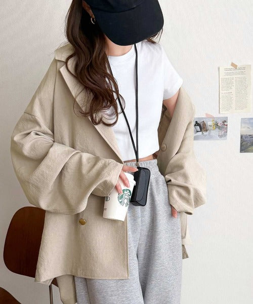 【UVカット、防シワ、接触冷感、吸水速乾機能付き】さらり羽織れるライトさで、楽なのに上品見え。ビックシルエット金ボタンダブルジャケット ce1265041