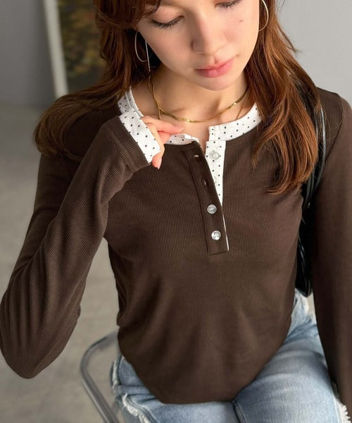 【mily bilet】重ね着いらずで、ひとクセ可愛い。レイヤードヘンリーネックカットソー（長） mi1359083