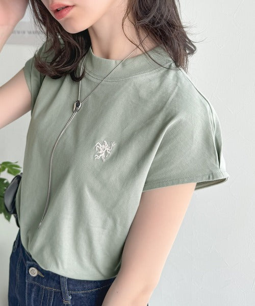 大人女子の上品ベーシック。綿100％シルケットモックネックフレンチTシャツ(刺繍) ce1260395