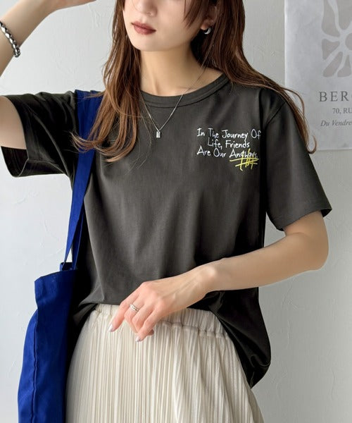【sustaina+】アートのように刺繍が映える。オーガニックコットン100%らくがき風刺繍 無地＆ボーダー柄半袖Tシャツ ce1260396