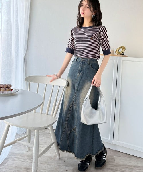 大人可愛いの新定番。袖リンガーボートネック胸刺繍ボーダーTシャツ（半袖） ce1260419
