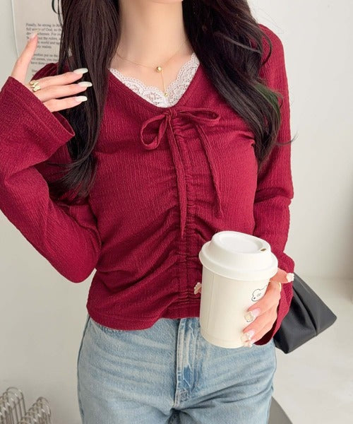 【mily bilet】レース×シャーリングで、甘さをひとさじ。レースドッキングパフスリーブジャガードトップス（長袖） mi1359080