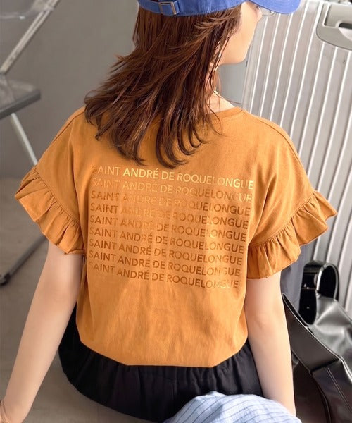 《JaVaジャバコラボ》着るだけで主役級。綿100％バック箔プリント袖フリルTシャツ（半袖） jv1330104