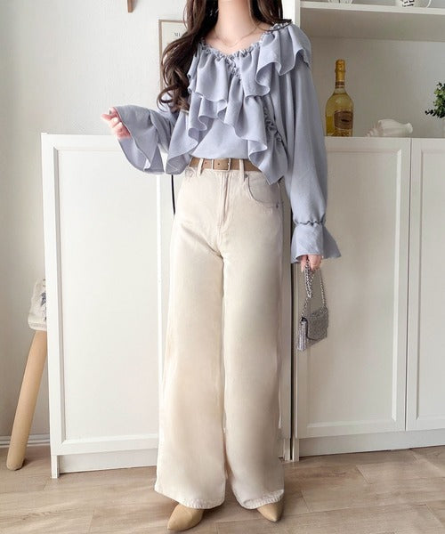 【mily bilet】大人の甘さがちょうどいい♪オフショル2wayキャンディースリーブカシュクールブラウス（長袖） mi1019127