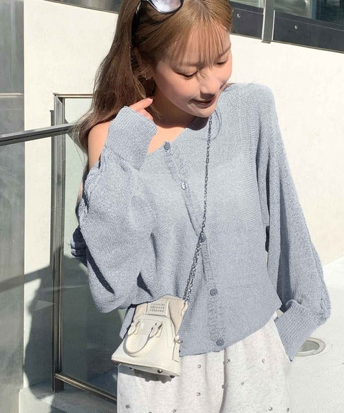 【mily bilet】トレンド感あるシアー素材が魅力。マルチWAY透かし編みケーブル柄切り替えニットカーディガン mi1259006