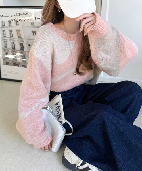 【mily bilet】きゅんモテニット♪柔らかな配色を、ふんわり軽やかに。ニュアンス柄短丈ニットプルオーバー mi1029208