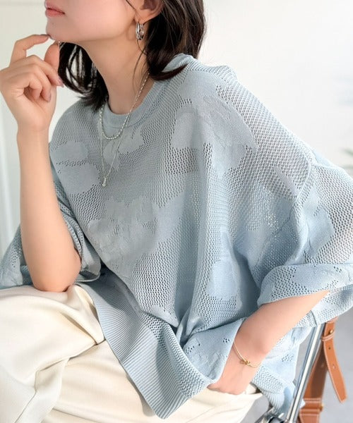 繊細な花柄編みで軽やかに魅せる♪ニュアンスフラワージャガードメッシュサマーニット ce1350014