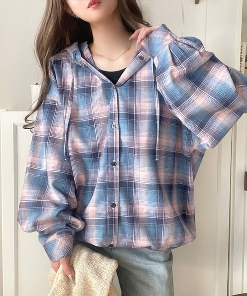 ゆるっと羽織ってかわいくキマる。”旬顔”  裾ドロスト微起毛チェック柄オーバーサイズシャツパーカー ce1010568