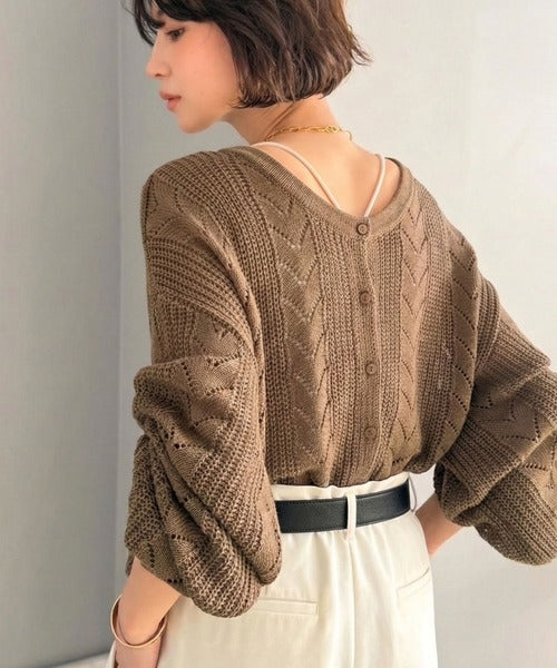 【Classical Evon】レトロな編み柄で華やぐ1枚。着回し抜群の 前後2way透かし編みニットカーディガン(長袖) ev1050375