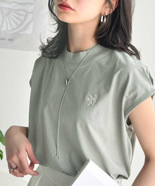 大人女子の上品ベーシック。綿100％シルケットモックネックフレンチTシャツ(刺繍) ce1260395