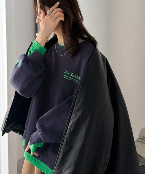 《JaVaジャバコラボ》着るだけでレイヤード上級者！配色刺繍レイヤード風オーバーサイズ裏起毛プルオーバー jv1050390