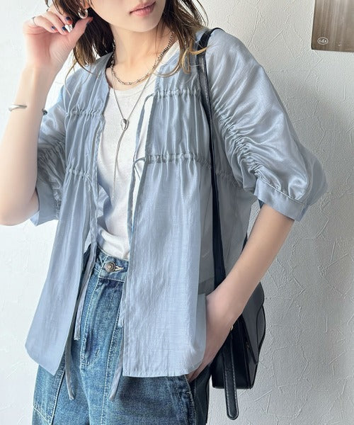 高級感漂う春夏の必需品！前後2WAYギャザーリボンシアーブラウス（半袖） ce1110097