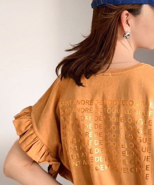 《JaVaジャバコラボ》着るだけで主役級。綿100％バック箔プリント袖フリルTシャツ（半袖） jv1330104